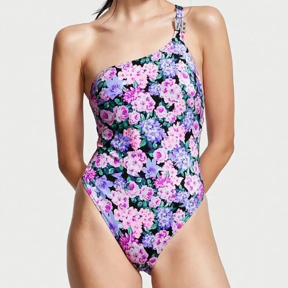Victorias Secret One Shoulder Floral One Piece Swimsuit Rhinestone Logo XL